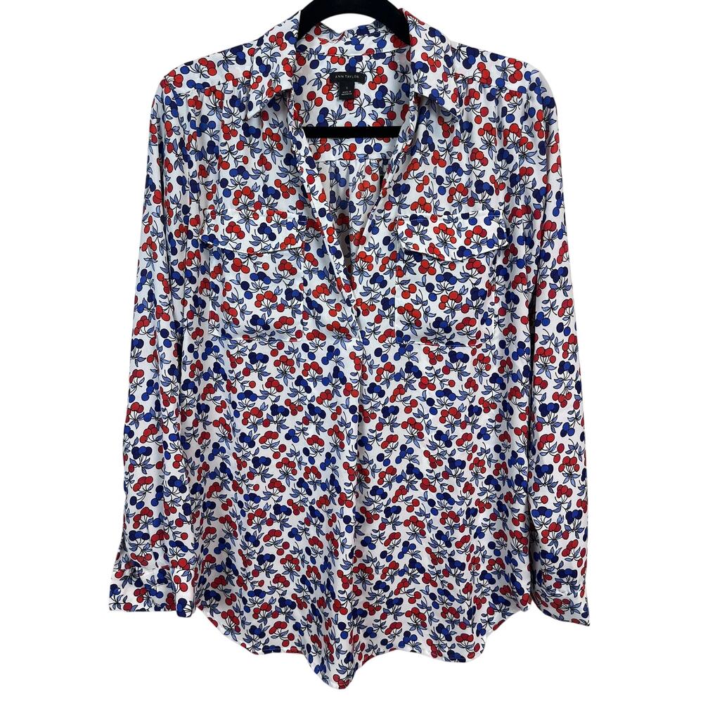 Ann Taylor Blue Red Cherry Print V Neck Collar Long Sleeve Blouse Women’s Small